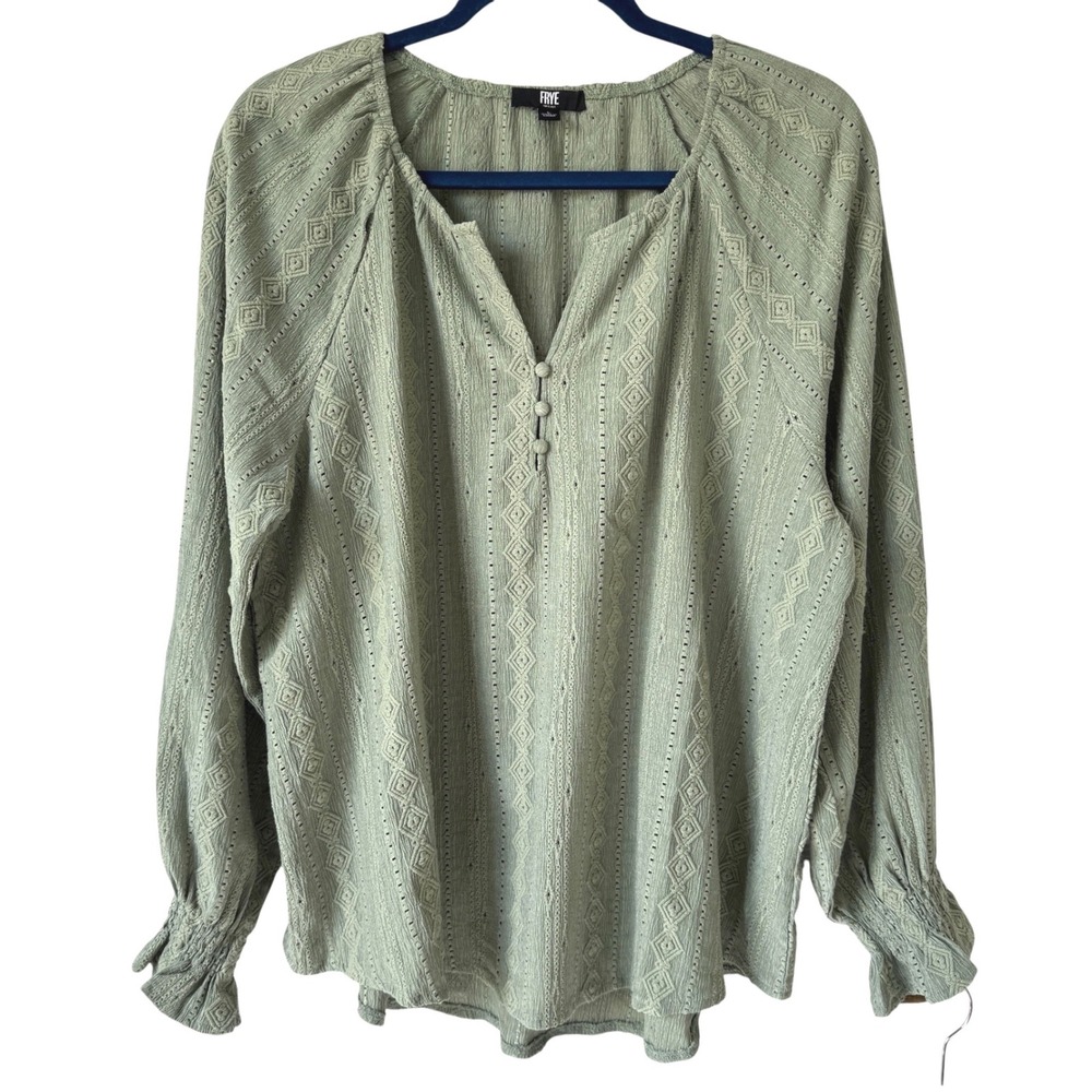 Frye Women Sage Eyelet Blouse Large Boho Cottagecore Peasant Shabby Chic Texture
